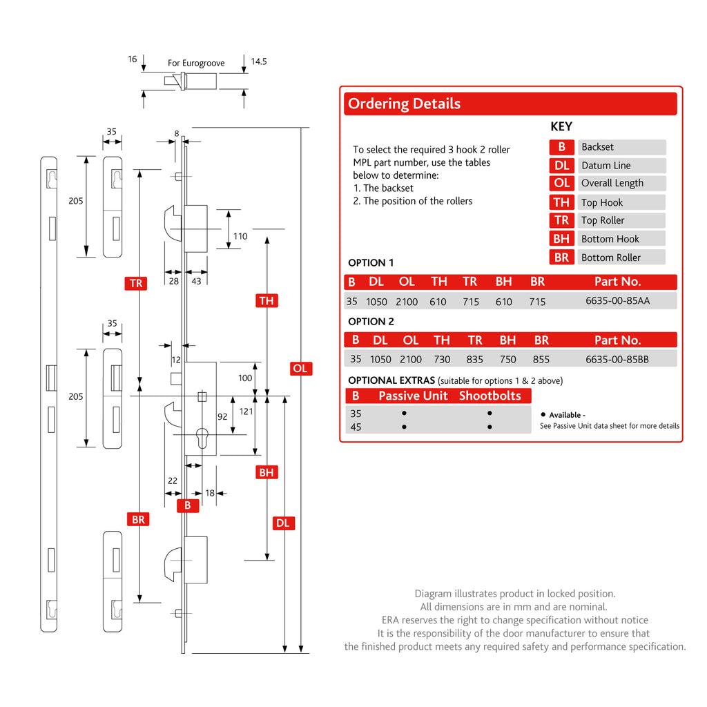 3 Hook 2 Roller Euro Cylinder Multi Point Door Lock - 6000 Series