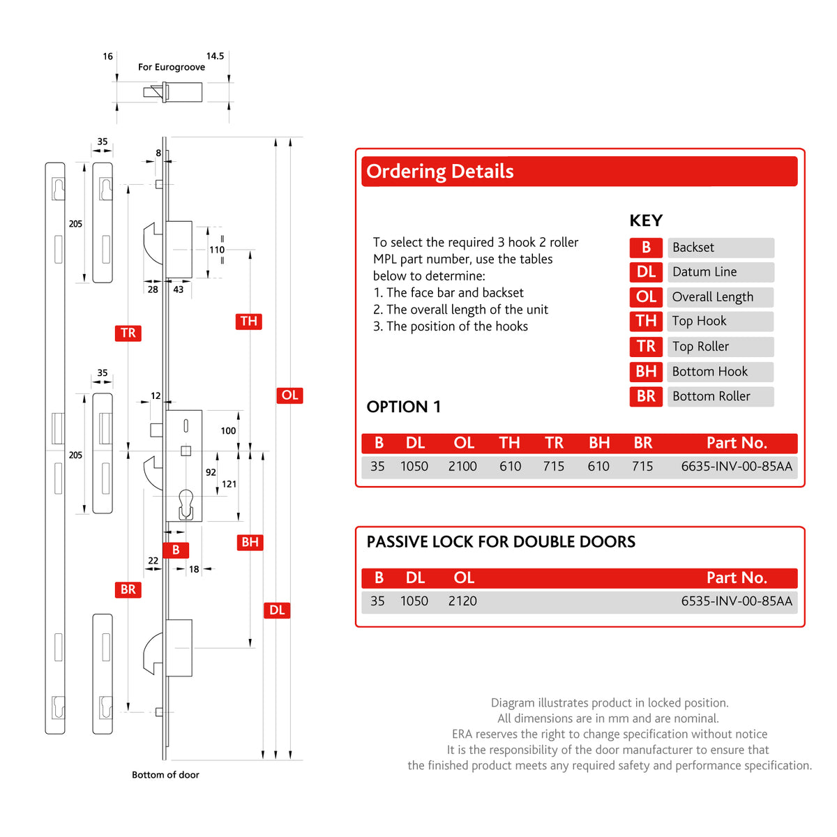 3 Hook 2 Roller Invincible Cylinder Multi Point Door Lock