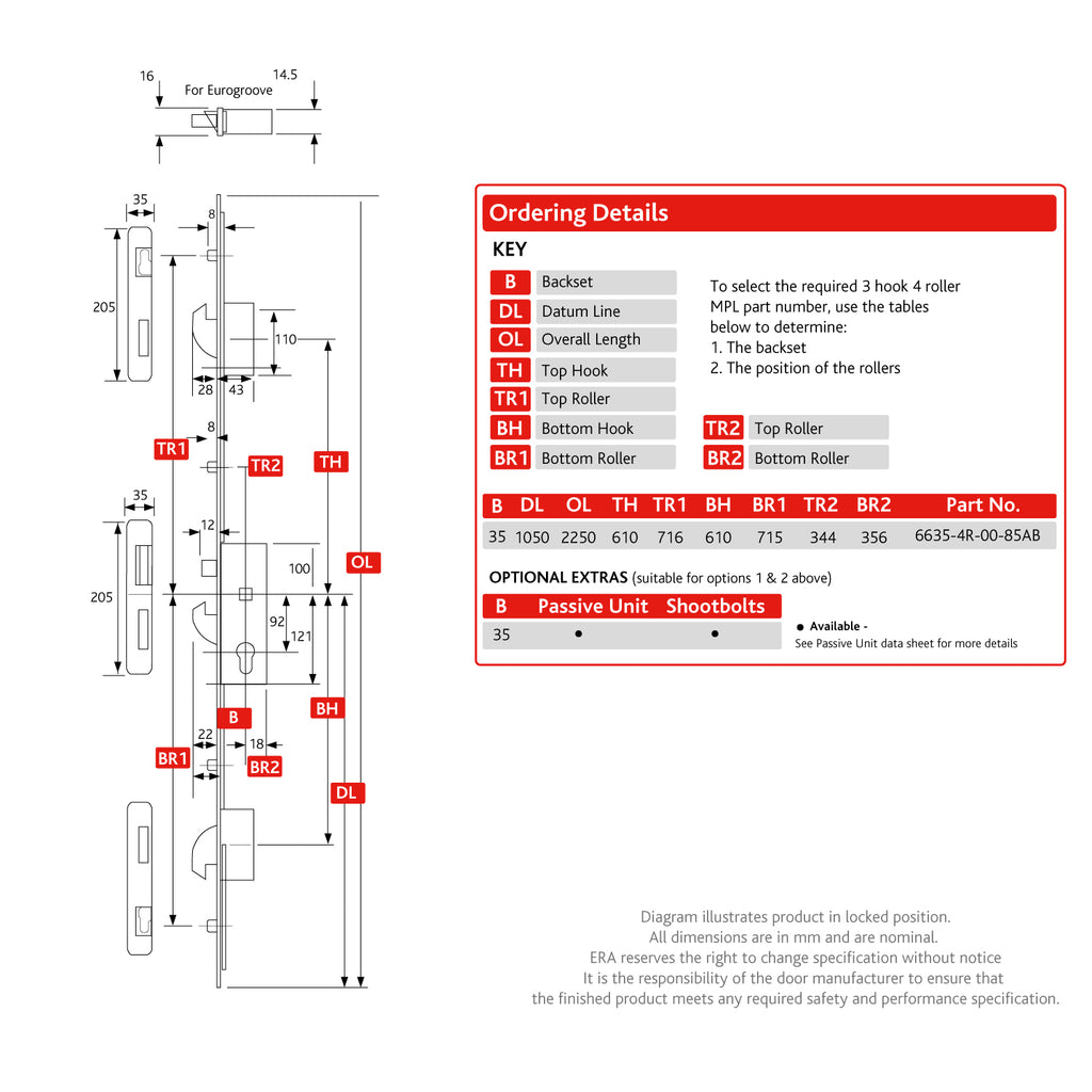 3 Hook 4 Roller Euro Cylinder Multi Point Door Lock - 6000 Series