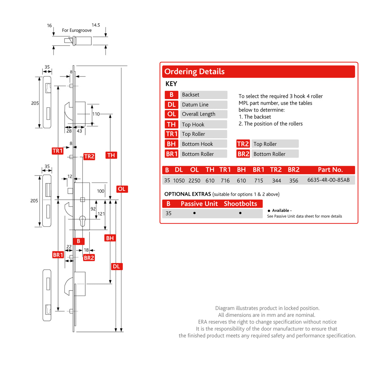 3 Hook 4 Roller Euro Cylinder Multi Point Door Lock - 6000 Series