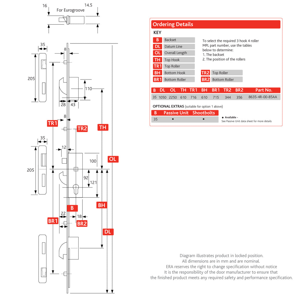 3 Hook 4 Roller Euro Cylinder Multi Point Door Lock - 8000 Series