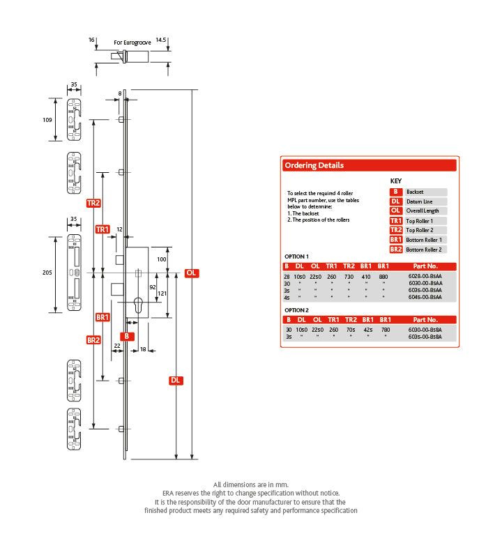 4 Roller Euro Cylinder Multi Point Door Lock - 6000 Series