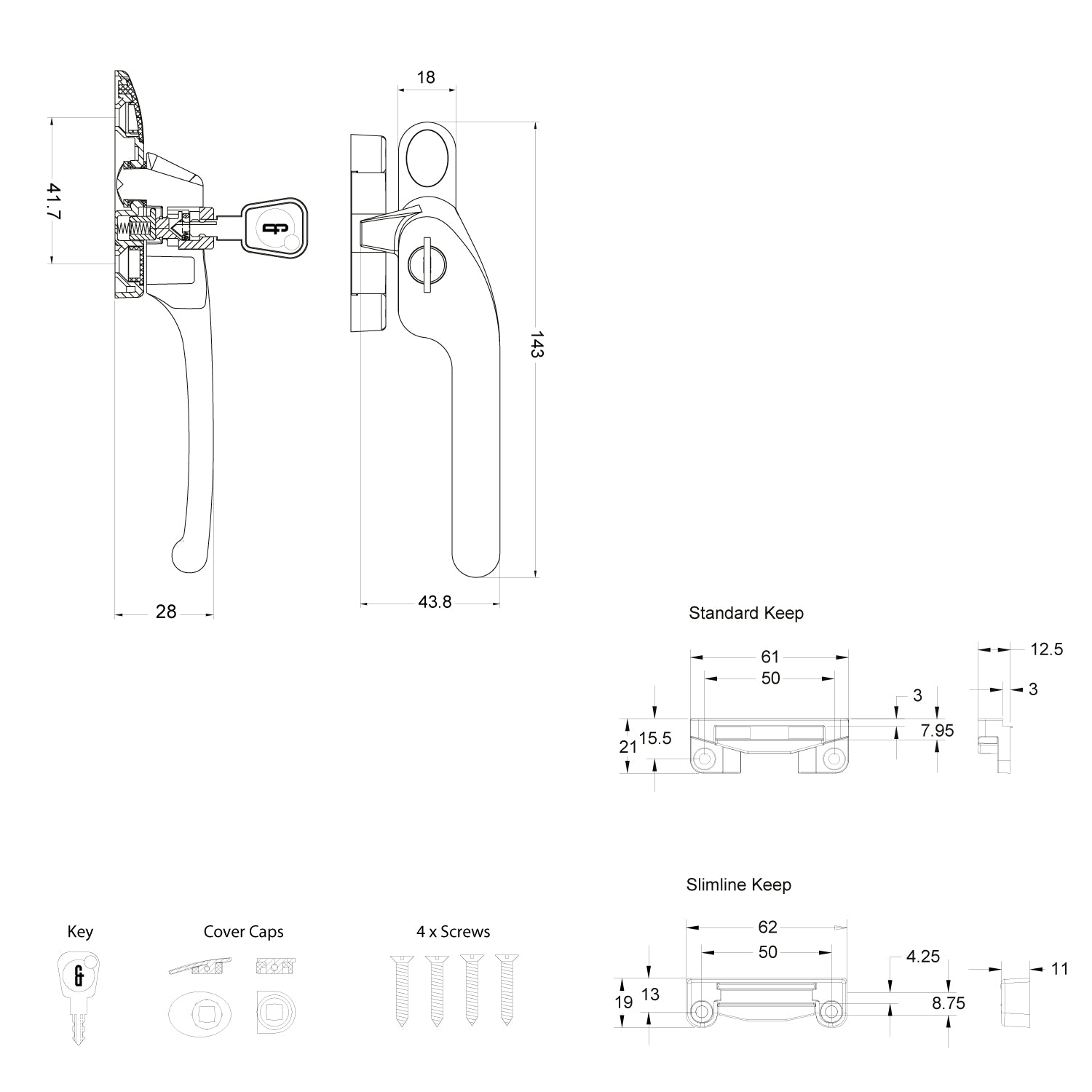 Guru Locking Left Hand Window Handle and Keep Set