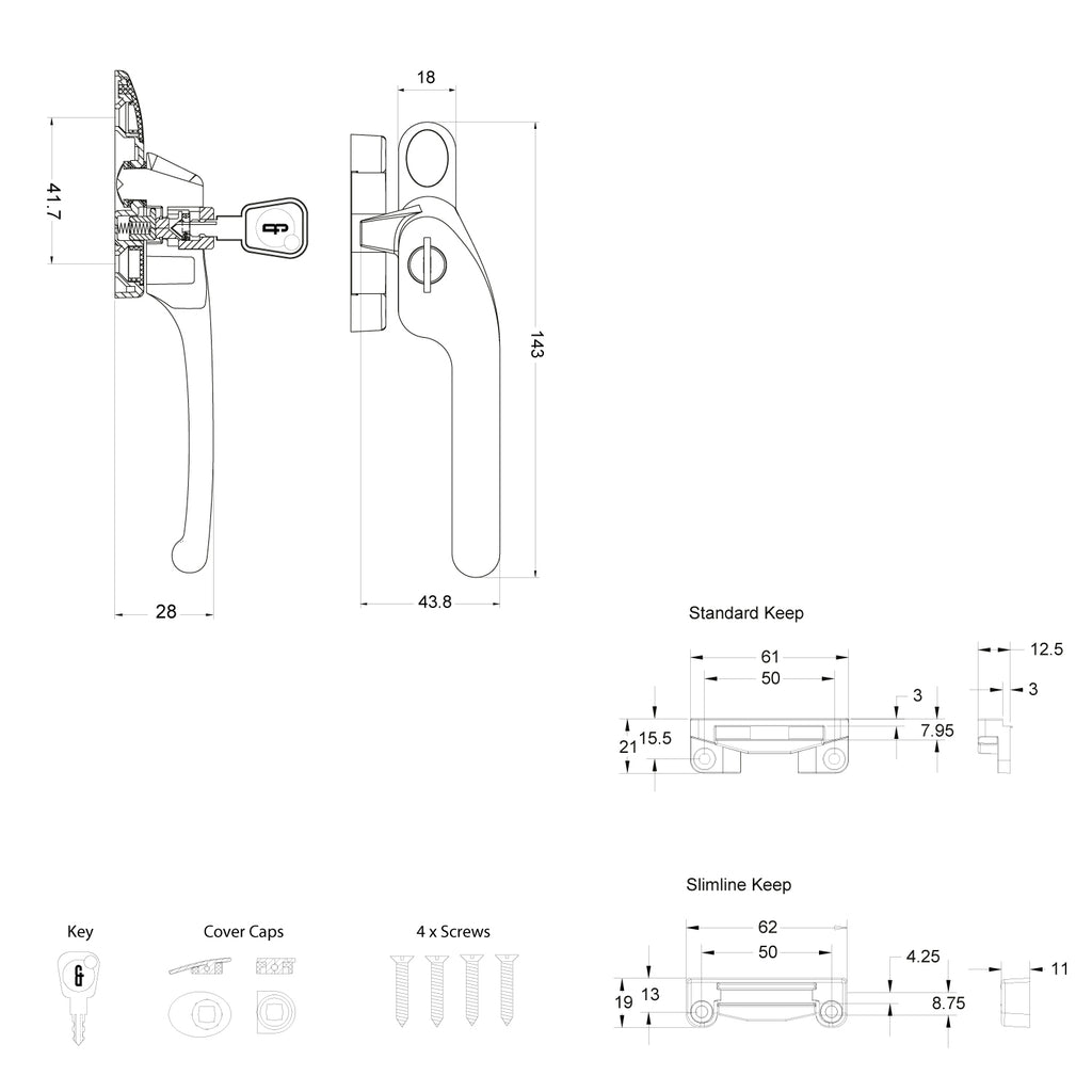 Guru Locking Left Handed Casement Window Handle