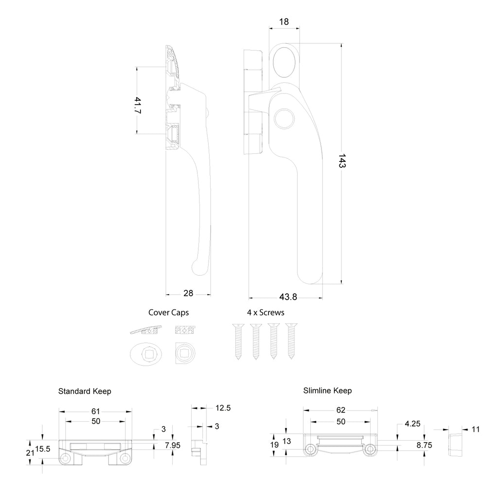 Guru Non Locking Right Hand Window Handle and Keep Set, White