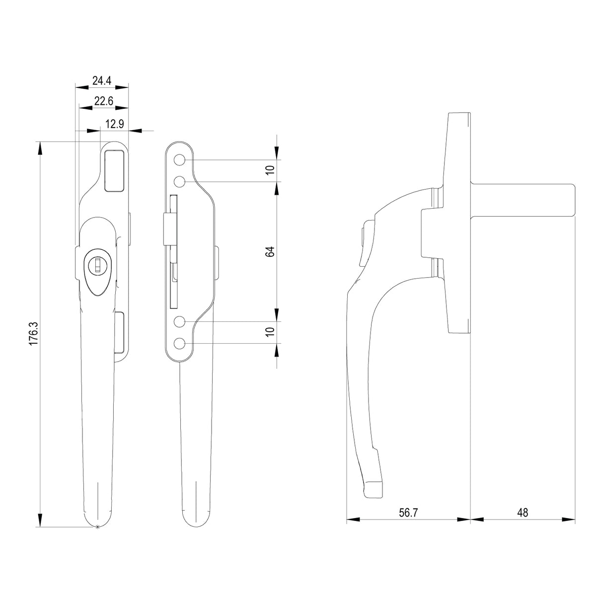 Cadenza Locking Window Handle Right Hand With Spindle Size 48mm