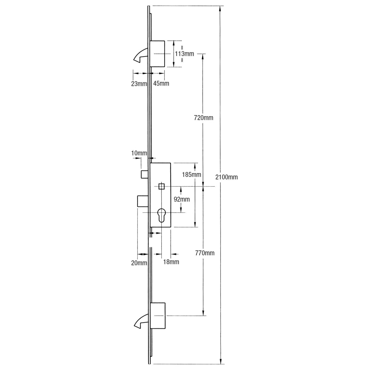 AV2 + Latch Deadbolt 2 Hooks Flat 20mm Faceplate Autolocking Multipoint Door Lock