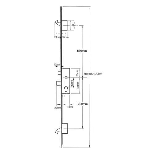 Latch Deadbolt 2 Small Hooks Split Spindle Multipoint Door Lock - Option 2 (top hook to spindle = 730mm)