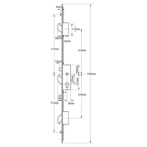 Latch Deadbolt 2 Hooks 4 Rollers Split Spindle Multipoint Door Lock - Option 1 (top hook to spindle = 610mm)