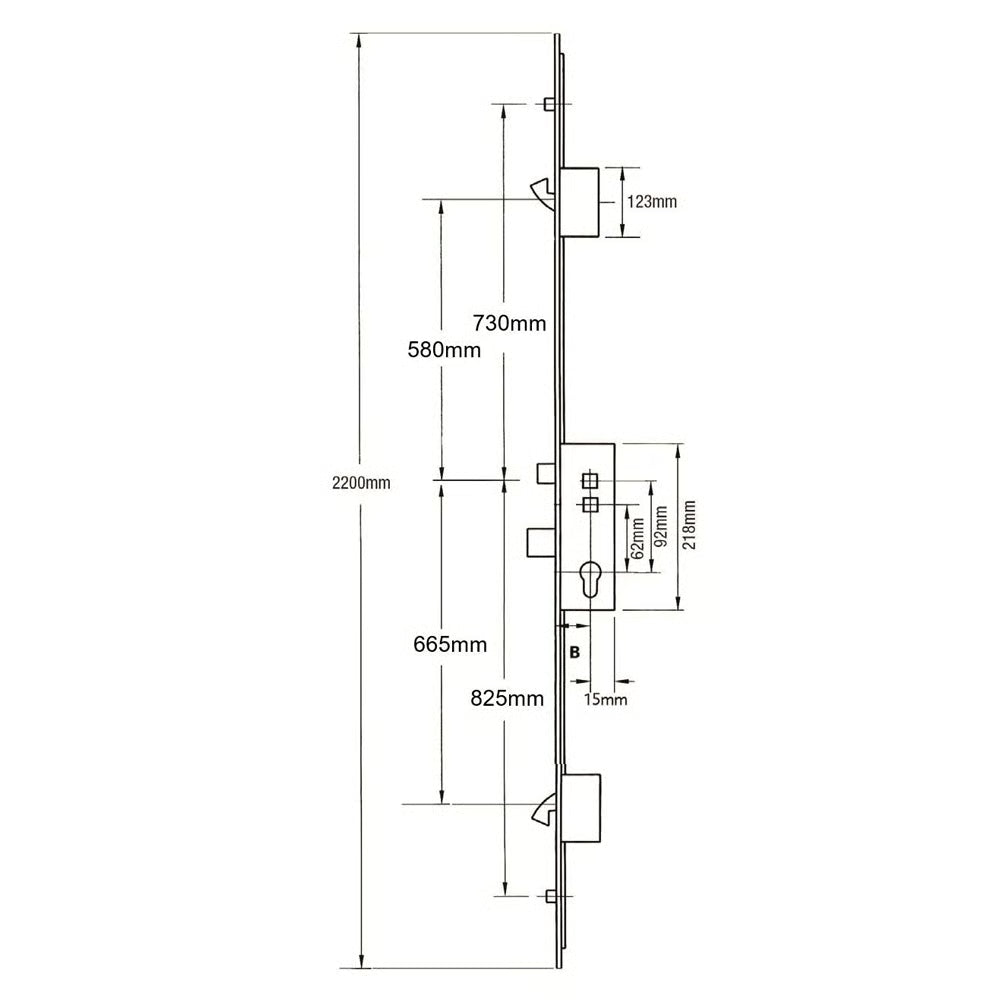Latch Deadbolt 2 Hooks 2 Rollers Double Spindle Multipoint Door Lock (top roller to spindle = 730mm) - Shootbolt Compatible