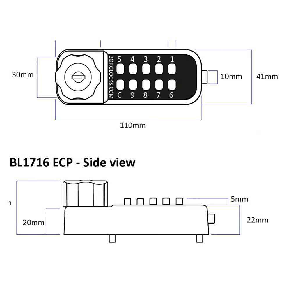 BL1716 MG Horizontal Digital Camlock with Key Override Marine Grade