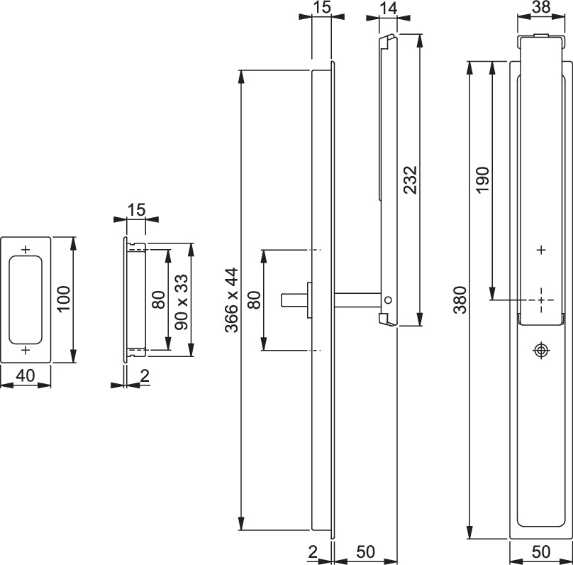 Aluminium Flat Lift/Slide Handle Set For Patio Doors, Exterior With Recessed Pull