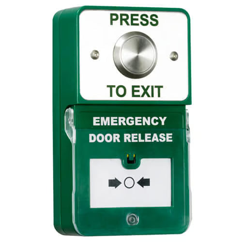 Dual Press to Exit & Emergency Door Release. Stainless Steel Button.