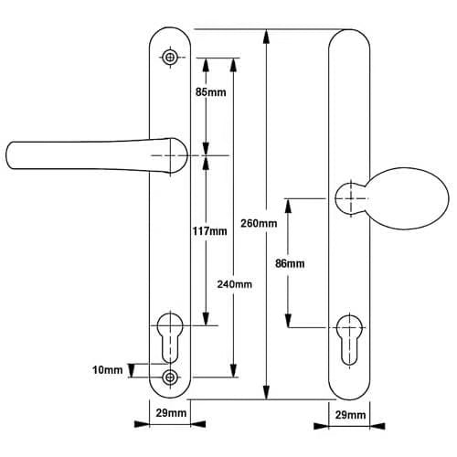 Lever Moveable Pad UPVC Multipoint Door Handles - 117mm/86mm PZ Sprung 237mm Screw Centres