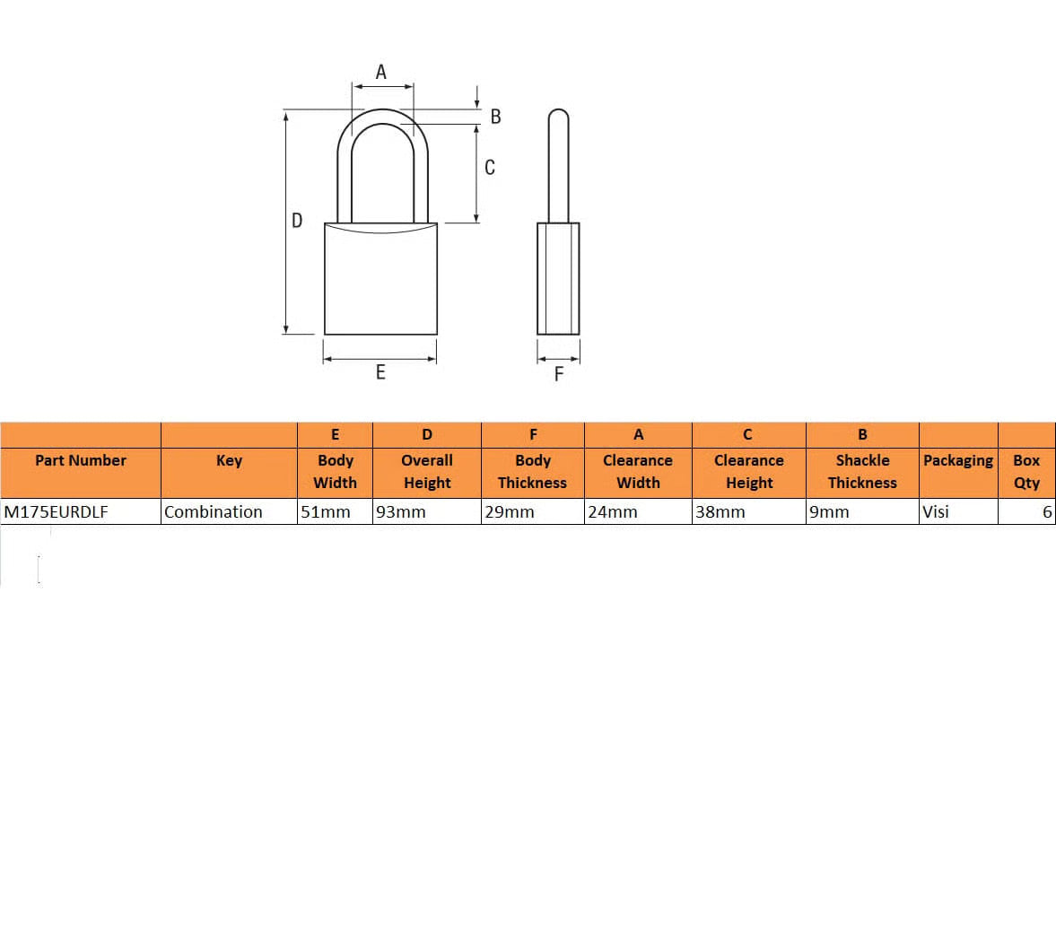 Excell M175 50mm Open Shackle Combination Padlock