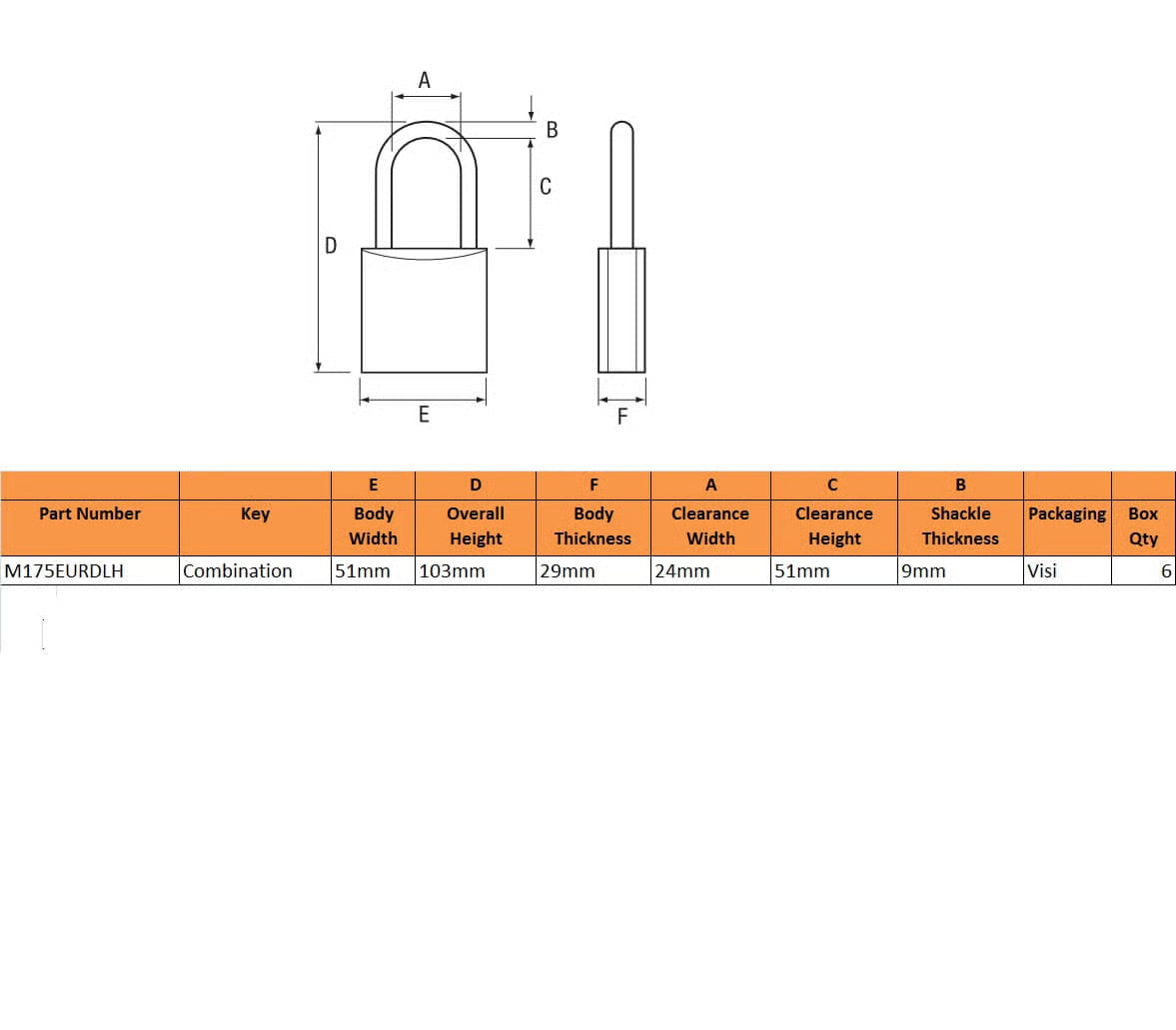 Excell M175 50mm Long Shackle Combination Padlock