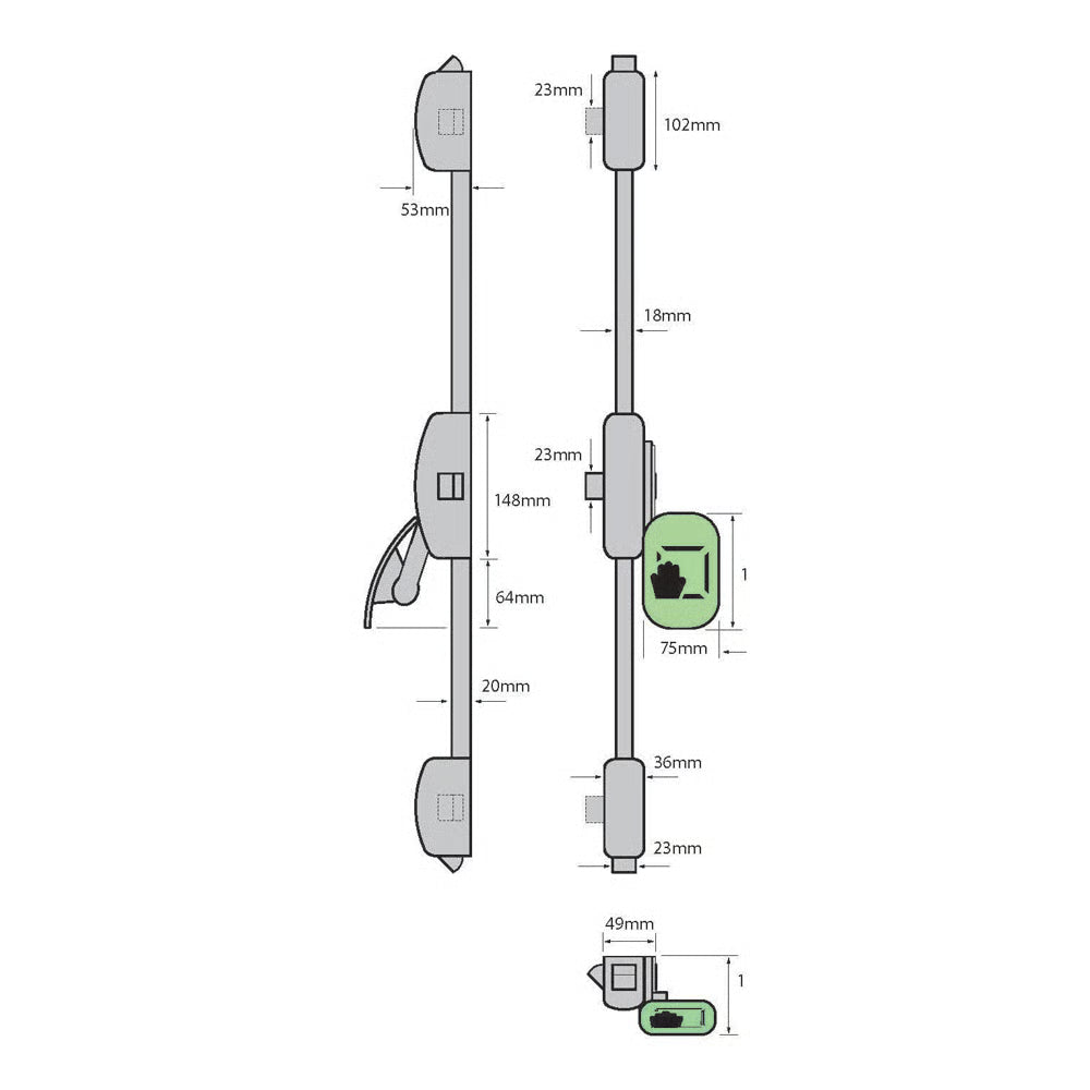 PH356 Three Point Push Pad Bolt (LEAD TIME: 5-7 DAYS)