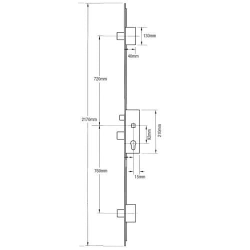 Latch 3 Drop Bolts Key Wind Operated Multipoint Door Lock - U-Rail 22mm Faceplate
