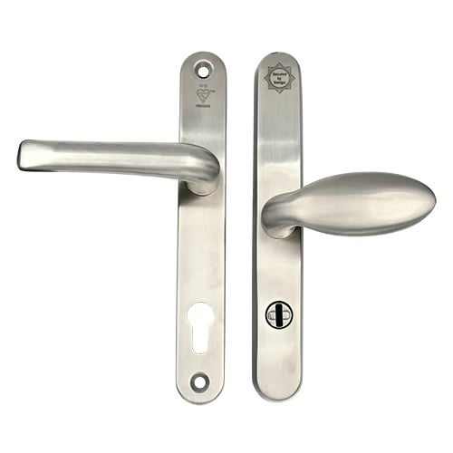 TS007 2 Star Grade 304 Stainless Steel Lever Moveable Pad (Offset) UPVC Multipoint Door Handles - 92/62mm PZ Sprung 210mm Screw Centres