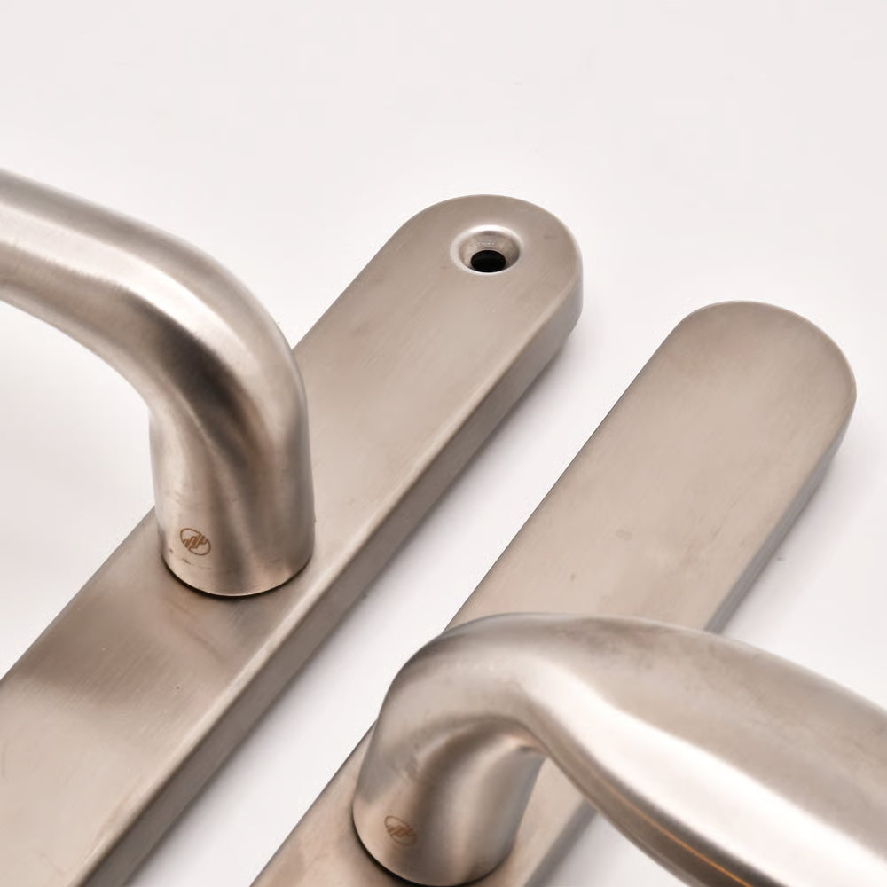 Grade 304 Stainless Steel Lever Moveable Pad Offset UPVC Multipoint Door Handles - 92/62mm PZ Sprung 210mm Screw Centres