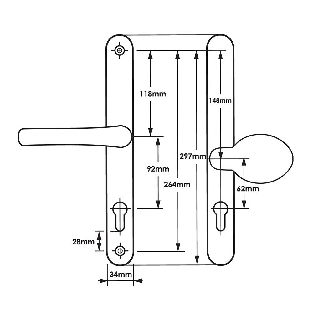 Universal Lever Moveable Pad Offset UPVC Multipoint Door Handles - 92/62mm PZ - Sprung - 264mm Screw Centres