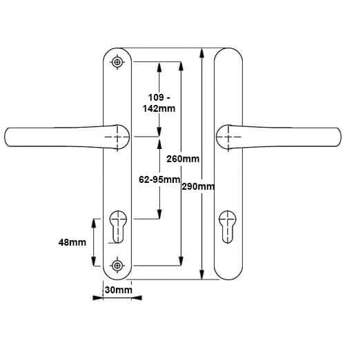 Lever Lever UPVC Multipoint Adjustable Door Handles - 62-95mm PZ Sprung 260mm Screw Centres