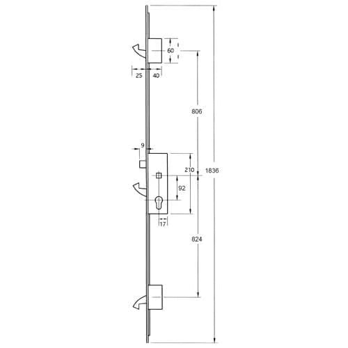 YS170 Latch 3 Hooks 20mm Square Faceplate Multipoint Door Lock - Option 2