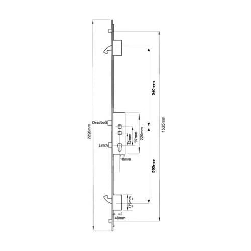 Latch Deadbolt 2 Hooks Double Spindle Multipoint Door Lock (top hook to spindle = 740mm) - Shootbolt Compatible