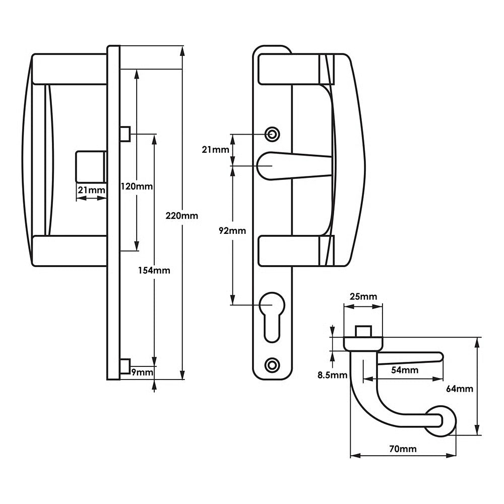 Patio Handle Set For Patio Doors - 92mm PZ - 154mm Screw Centres