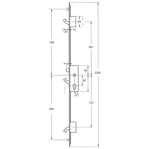YS170 Latch 3 Hooks 2 Rollers 16mm Square Faceplate Multipoint Door Lock - 2200mm