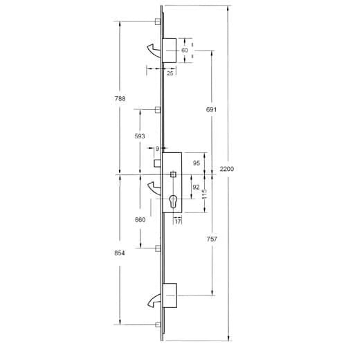 YS170 Latch 3 Hooks 4 Rollers Split Spindle Multipoint Door Lock